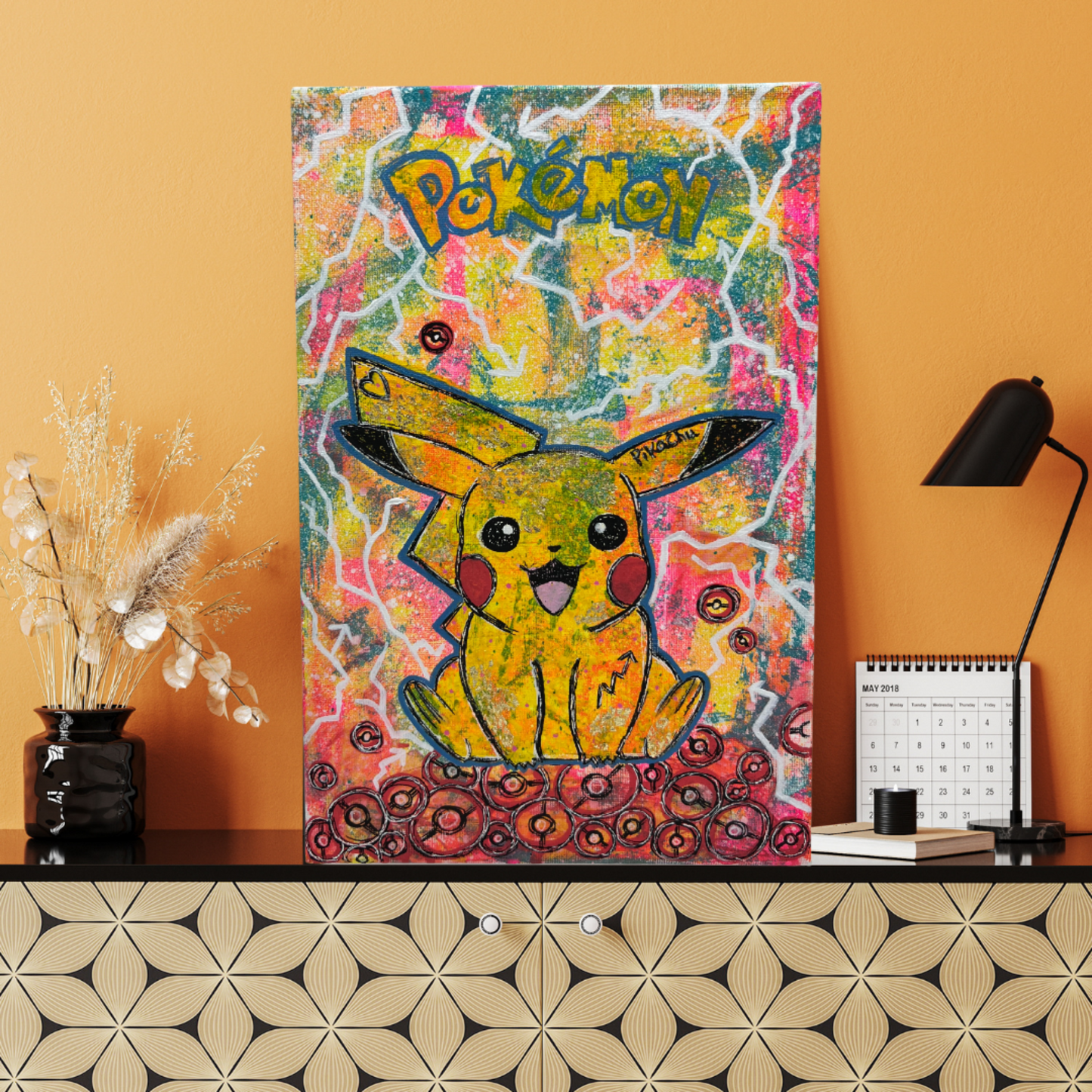 "Unikt Pikachu Akrylmaleri med Gullfolie – Perfekt for Barnerom og Pokémon Fans | Håndlaget Kunst i Livlige Farger"
