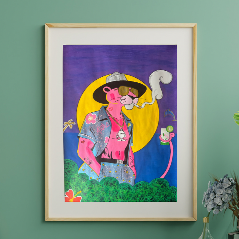Pink Panther – Hawaii Vacation Vibes i A3 med Hvit Ramme