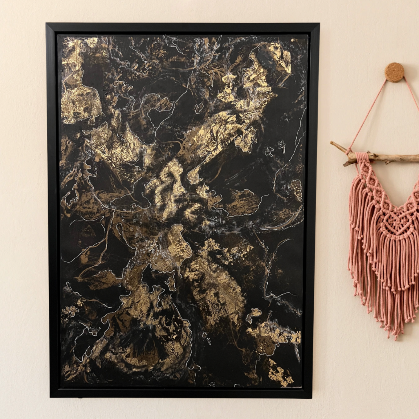 Thunder – Abstrakt Akrylmaleri med Gullblad og Gelroller (60 x 70 cm)