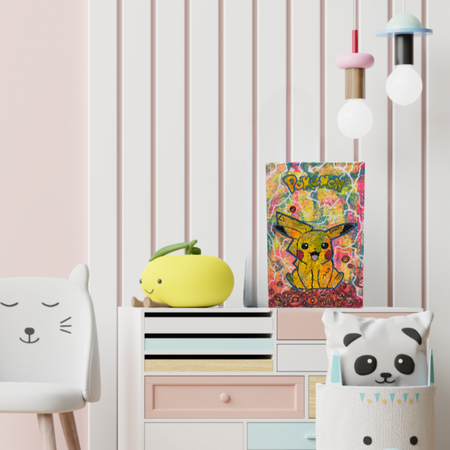 "Unikt Pikachu Akrylmaleri med Gullfolie – Perfekt for Barnerom og Pokémon Fans | Håndlaget Kunst i Livlige Farger"