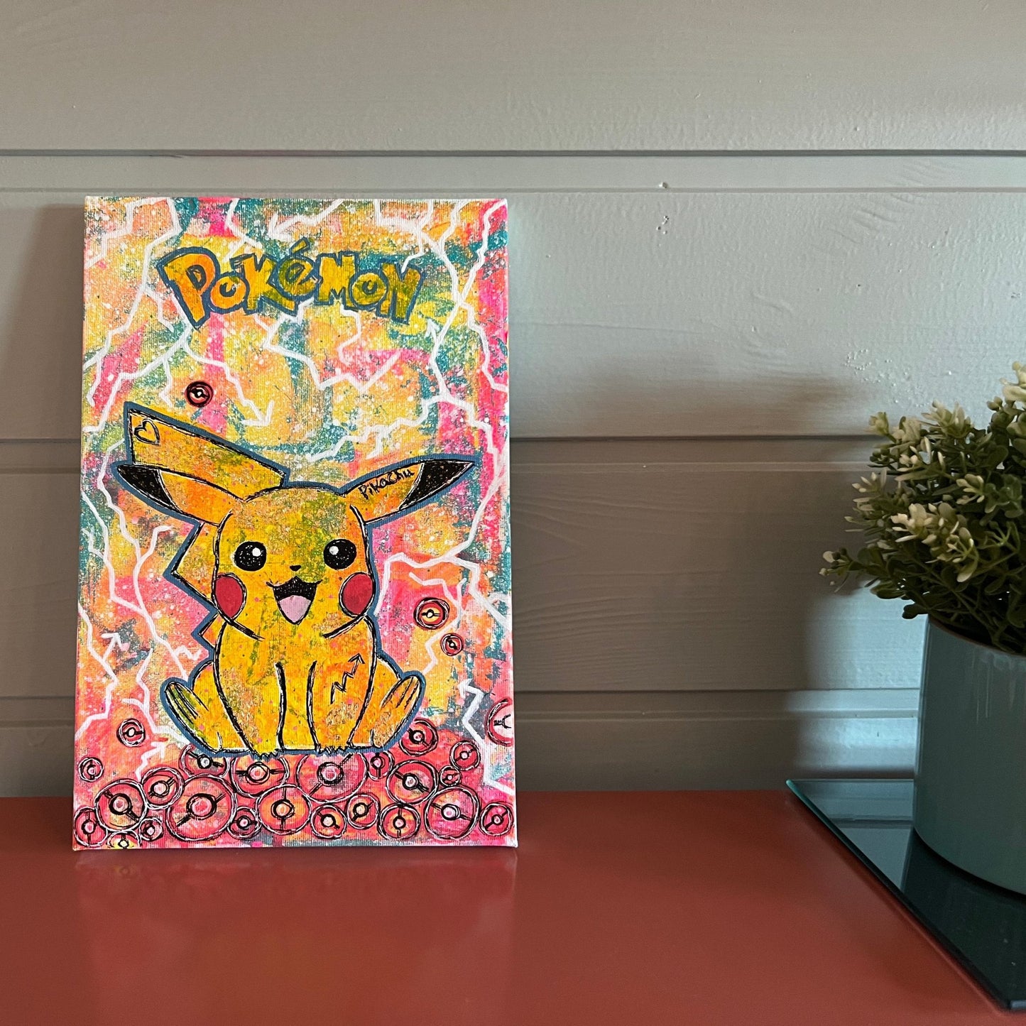 "Unikt Pikachu Akrylmaleri med Gullfolie – Perfekt for Barnerom og Pokémon Fans | Håndlaget Kunst i Livlige Farger"