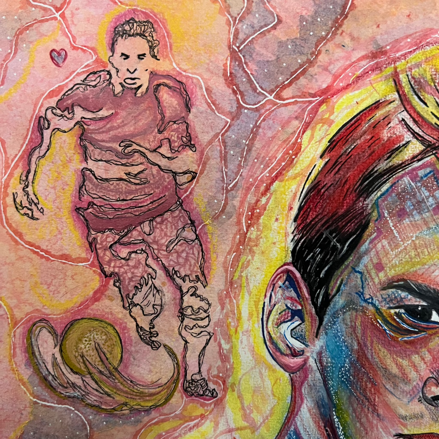 Messi – A3 Portrett i Pop-Art Stil med Vannfarge, Pastell og Ramme