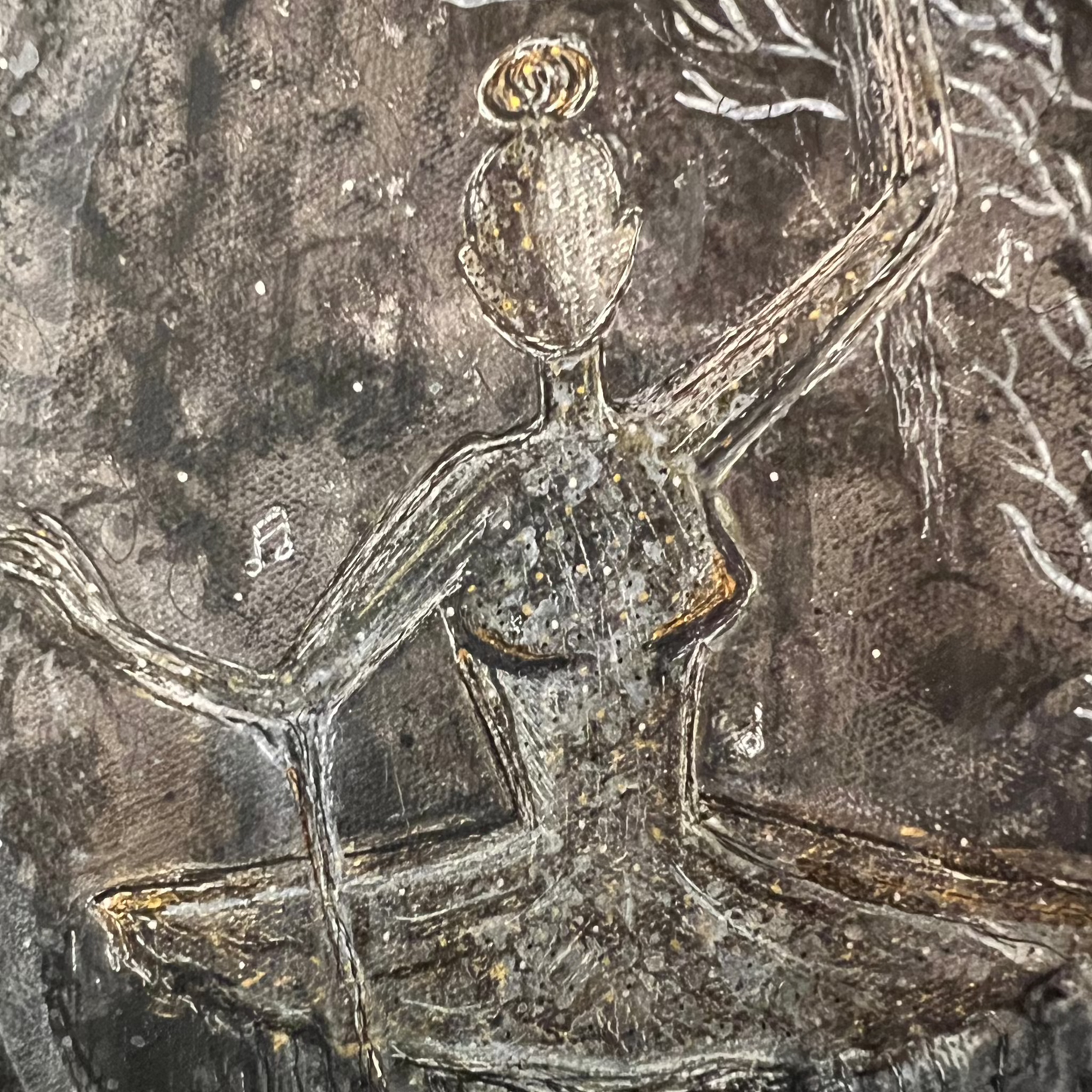 Spooky Ballerina – Mystisk Akrylmaleri med Spraymaling og Gelroller (20,5 x 11,5 cm)