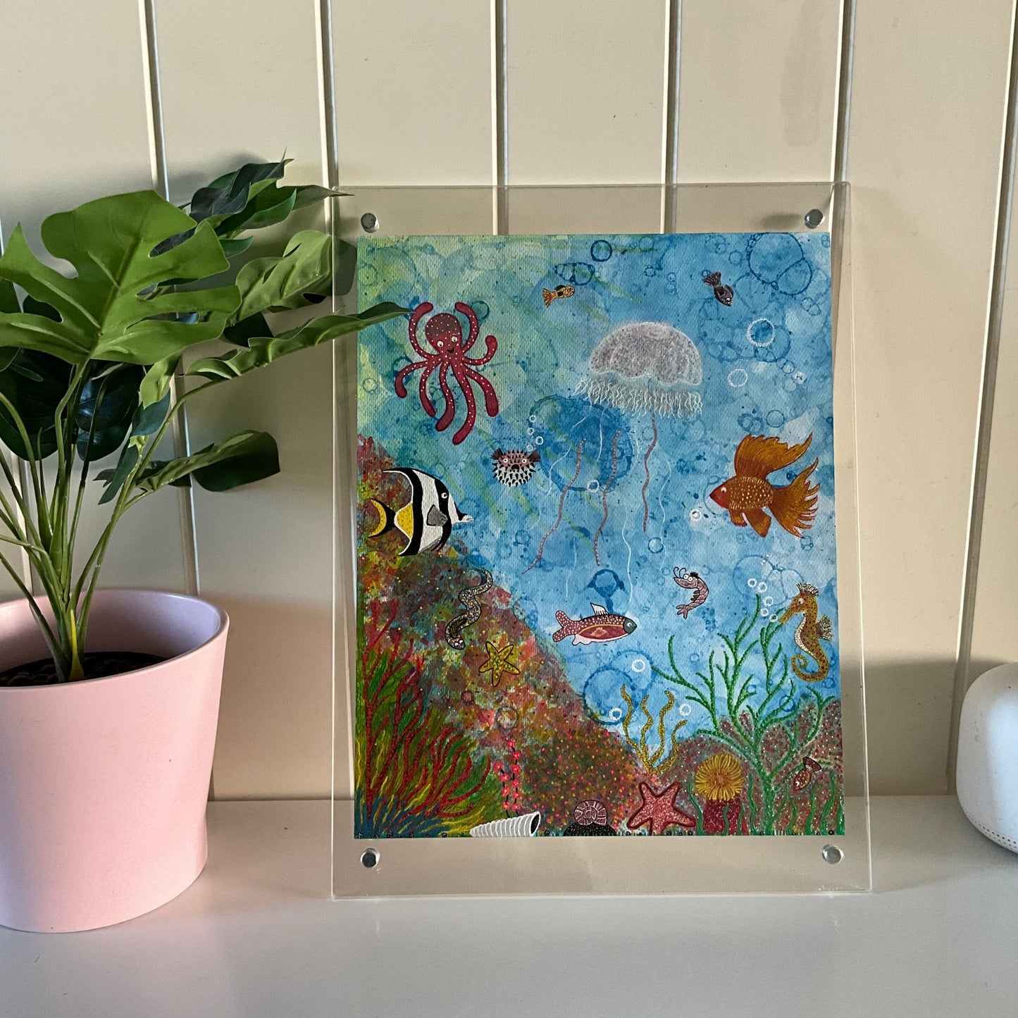Bilde 1, Livet i fjæra A3 Print med sertifikat og Bilde 2 Orginalt Håndlaget Aquarell og Akrylmaling